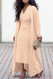Women's Solid Color Ribbed Coat Slim V-Neck Dress Two-Piece Set