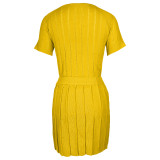 Women's Fashion Casual Sexy Hollow Button Knitting Short Sleeve Two Piece Skirt Set