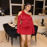 Women Spring Solid Slash Shoulder Strappy Off Shoulder Long Sleeve Dress