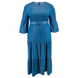Plus Size Women's Pleated Denim Dress With Belt