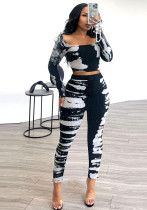 Sexy Printed Slim Fit Stretch Ribbed Two-Piece Pants Set Sexy Printed Slim Fit Stretch Ribbed Two-Piece Pants Set