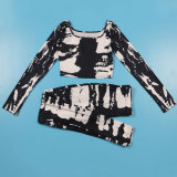 Sexy Printed Slim Fit Stretch Ribbed Two-Piece Pants Set