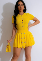 Women's Fashion Casual Sexy Hollow Button Knitting Short Sleeve Two Piece Skirt Set Women's Fashion Casual Sexy Hollow Button Knitting Short Sleeve Two Piece Skirt Set