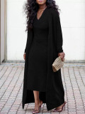 Women's Solid Color Ribbed Coat Slim V-Neck Dress Two-Piece Set