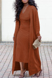Women's Solid Color Ribbed Coat Slim V-Neck Dress Two-Piece Set
