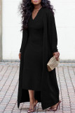 Women's Solid Color Ribbed Coat Slim V-Neck Dress Two-Piece Set
