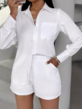 Women's Chic Elegant Solid Color Pocket Long Sleeve Shirt Shorts Set Two Piece Set