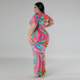 Plus Size Geometric Pattern Print Short Sleeves V-Neck Dress