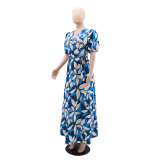 Puff Sleeve Spring Summer Casual Women's High Waist Long Dress