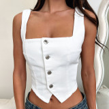 Buttoned Strap Solid Color Halter Denim Vest Top