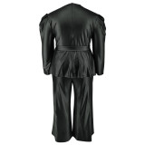 Plus Size Women's Pu Leather Long Sleeve Pants Set