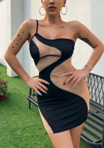 Women Slash Shoulder Sexy See-Through Mesh Bodycon Dress