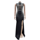 Women Solid Mesh Beaded Slit Maxi Dress