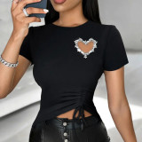 Summer T-Shirt Round Neck Heart Beaded Hollow Drawstring Solid Color Short Sleeve Women's Top