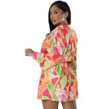 Women Spring Printed Shirt and Shorts Casual Two-piece Set