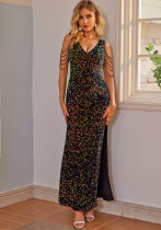 Women Beaded Sleeveless V-Neck Maxi Evening Gown