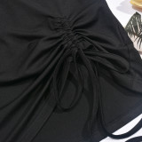 Summer T-Shirt Round Neck Heart Beaded Hollow Drawstring Solid Color Short Sleeve Women's Top