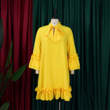Women Loose CasualRuffle Edge Solid Dress