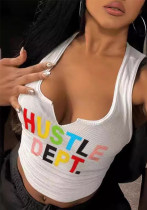 Women Split Collar Letter Print Ribbed Letter Print Tank Top