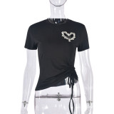 Summer T-Shirt Round Neck Heart Beaded Hollow Drawstring Solid Color Short Sleeve Women's Top