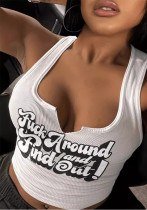 Women Split Collar Letter Print Ribbed Letter Printed Tank Top