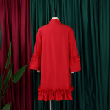 Women Loose CasualRuffle Edge Solid Dress