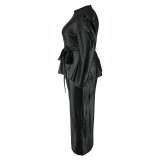 Plus Size Women's Pu Leather Long Sleeve Pants Set