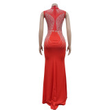 Women Solid Mesh Beaded Slit Maxi Dress