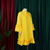 Women Loose CasualRuffle Edge Solid Dress