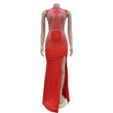 Women Solid Mesh Beaded Slit Maxi Dress