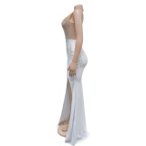 Women Solid Mesh Beaded Slit Maxi Dress