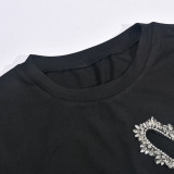 Summer T-Shirt Round Neck Heart Beaded Hollow Drawstring Solid Color Short Sleeve Women's Top