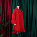 Women Loose CasualRuffle Edge Solid Dress