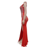 Women Solid Mesh Beaded Slit Maxi Dress