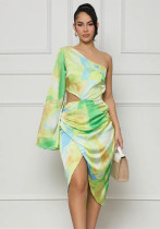 Women Spring/Summer Printed One-Sleeve Casual Maxi Dress