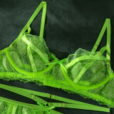 Women's Fluorescent Color Fashionable Embroidered Sexy Three Pieces Lingerie Set