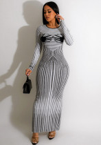 Women's Spring Casual Striped Print Long Sleeve Round Neck Dress