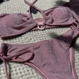 Glossy Four-Piece Drawstring Set Lace-Up Bikini Swimsuit With Sun Sleeves