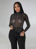Black Transparent Mesh  Long-Sleeved Top Pants Sexy Nightclub Two-Piece Set