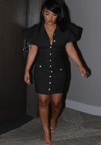 Women's Solid Color Ruffle Sleeve Turndown Collar Pockets Button Dress