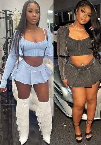 Women's Washed Printed Shirt Vest Pleated Mini Skirt Three-Piece Set