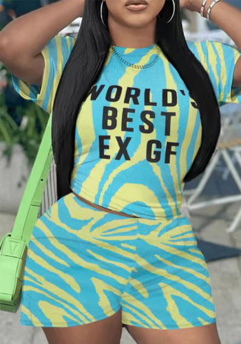 Fashionable Casual Trendy Printed Short-Sleeved Two Piece Shorts Set