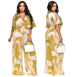 Fashion Women's V-Neck Print Pleated Casual Jumpsuit