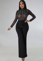 Black Transparent Mesh Long-Sleeved Top Pants Sexy Nightclub Two-Piece Set Black Transparent Mesh Long-Sleeved Top Pants Sexy Nightclub Two-Piece Set