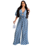 Fashion Women's V-Neck Print Pleated Casual Jumpsuit