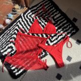 Drawstring Mesh Three-Piece Bikini Swimsuit