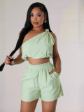 Women's Solid Color Slash Shoulder Sleeveless Two Piece Shorts Set