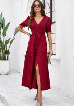 Women's Spring And Summer Solid Color Chic V-Neck Short-Sleeved Long Dress
