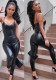 Women's Solid Color V-Neck Pu Leather Strap Slim Jumpsuit
