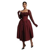 Women's Spring Chic Square Neck Lace Long Sleeve Slim Waist Solid Color Maxi Dress